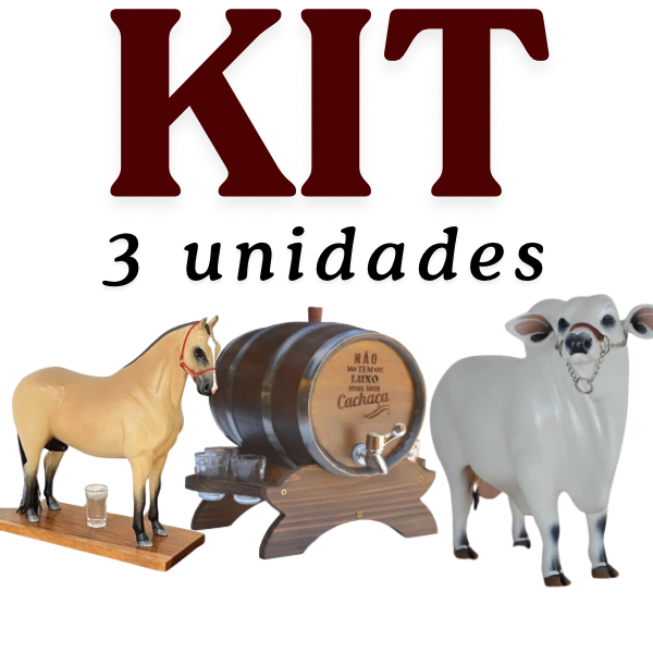 Kit 3 und-  Boi Corote Mija Cachaça, Cavalo Corote Mija Cachaça e Tonel de Carvalho