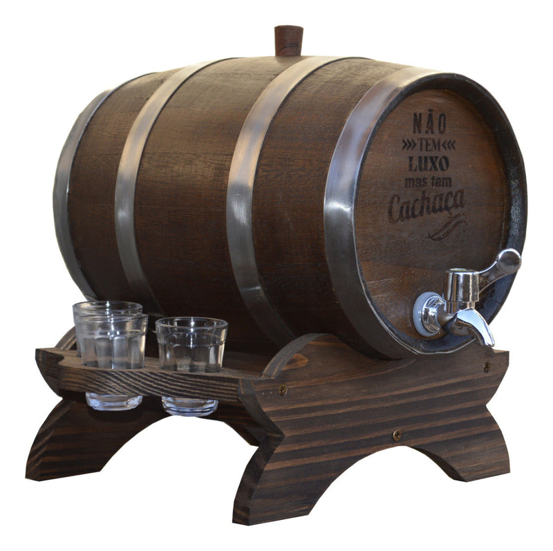 Barril Amburana 5 L Tonel Corote Cromo Com 6 Copos Shot + Brinde