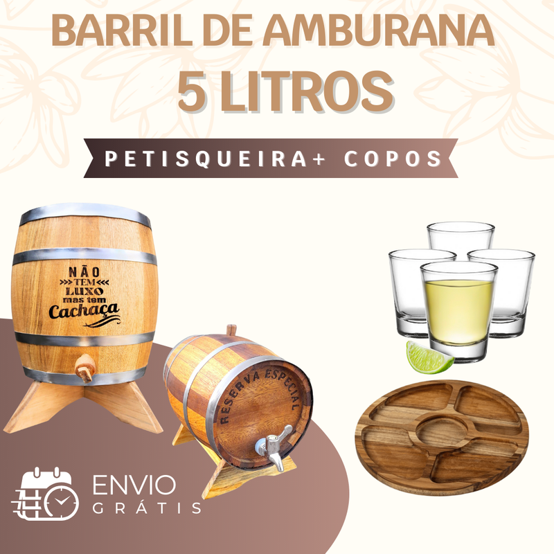 Barril Amburana 5 L Tonel Corote Cromo Com 6 Copos Shot + Brinde